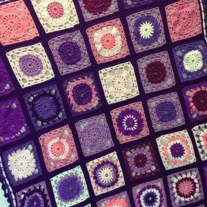 Vintage Granny Square Crochet Afghan Blanket Handmade Throw Colorful Crocheted